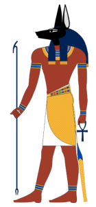 An illustration of the Egyptian god Anubis, god of the underworld, with the body of a human and the head of a jackal.